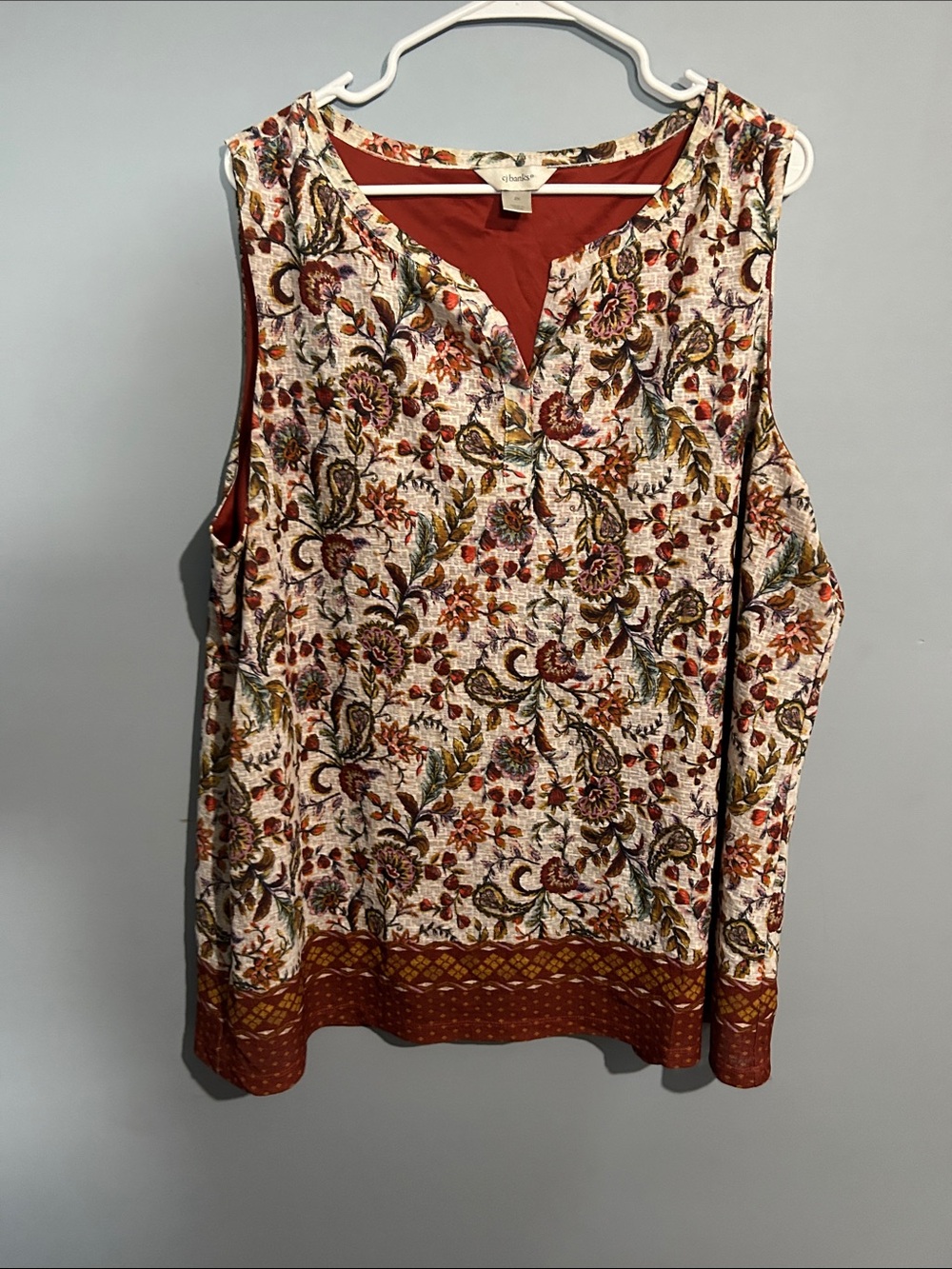 CJ Banks Rust Multi Floral Sleeveless Split-Neck Tank